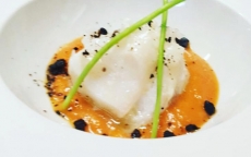 Antipasto con baccalà in olio cottura con peperoni arrosto e terra di olive